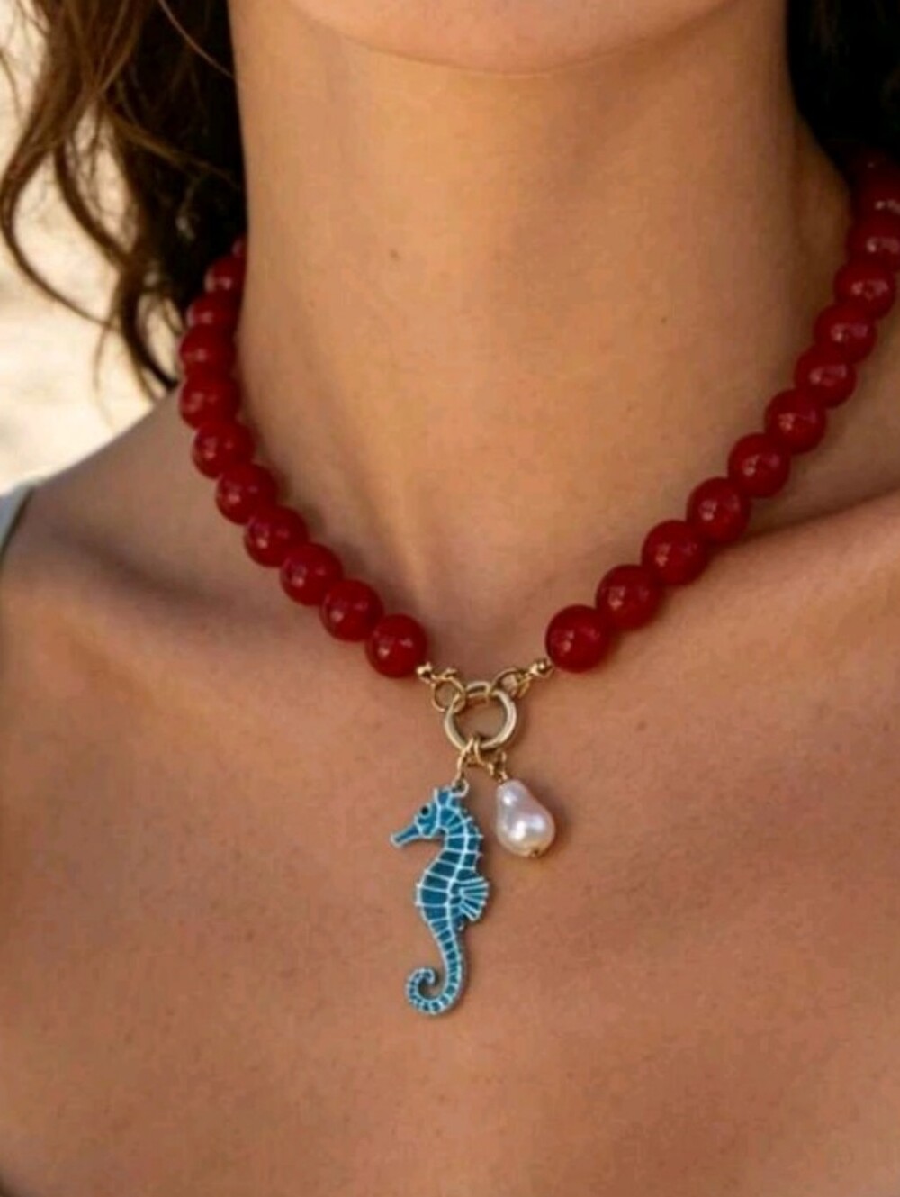 NEW! Coastal Gold Red Beaded Necklace with Blue Seahorse & Baroque Pearl Charm